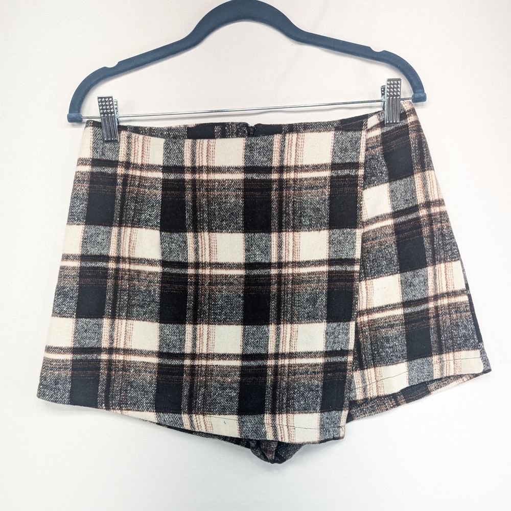 Windsor Black White Tan Plaid Wrap Front Skort Back Zipper Size Small